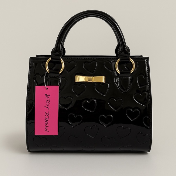 Betsey Johnson Black Patent Heart Embossed Satchel Bag Crossbody Bow Purse NWT - Picture 1 of 9